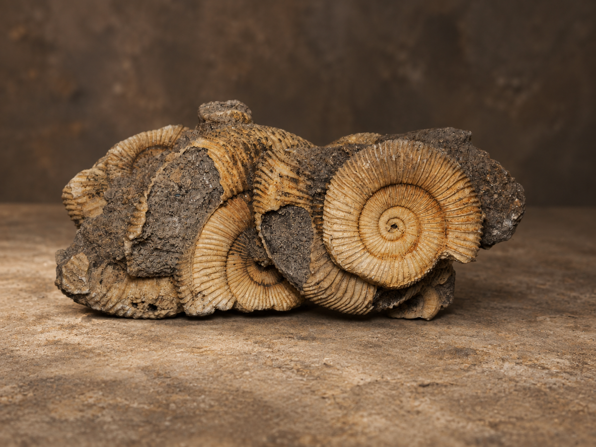Ammonite cluster, 11 cm long; AI-styled product photograph.