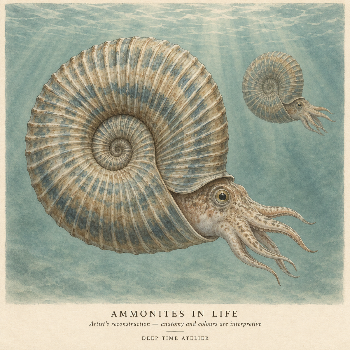 Artist’s reconstruction of living ammonites; anatomy and colours are interpretive.