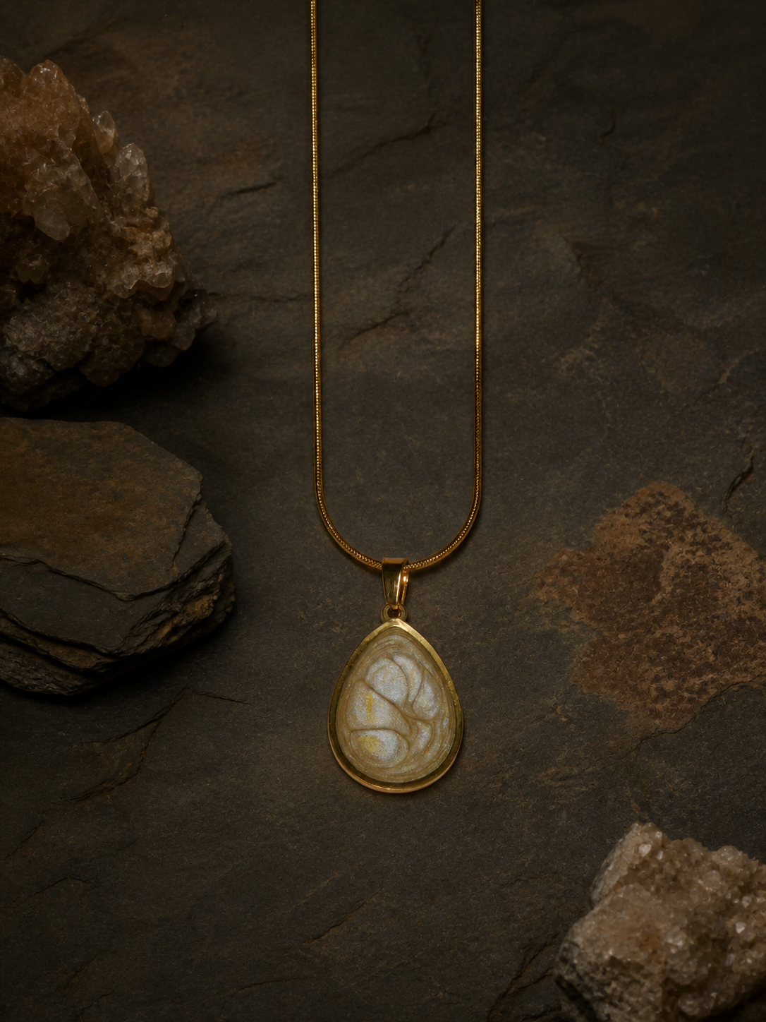 Full length view of the Ancient Light Pendant and 55 cm snake chain on slate
