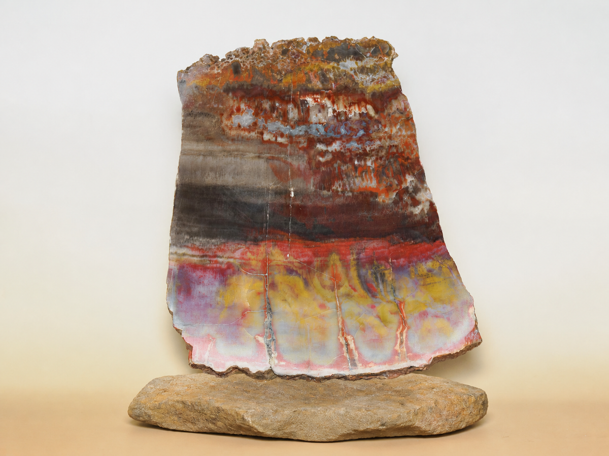 Alternative front view of the colourful Arizona petrified wood slab on a natural rock base