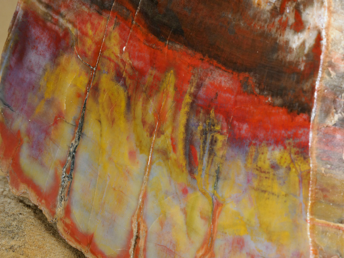 Close detail of the colourful polished Arizona petrified wood face with natural rock support