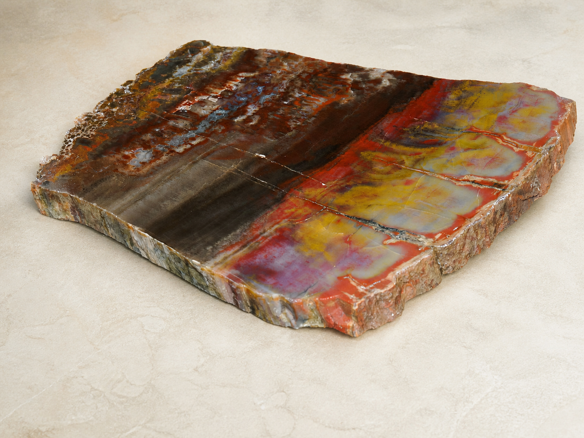 Oblique view of the polished Arizona petrified wood slab on a warm mineral surface