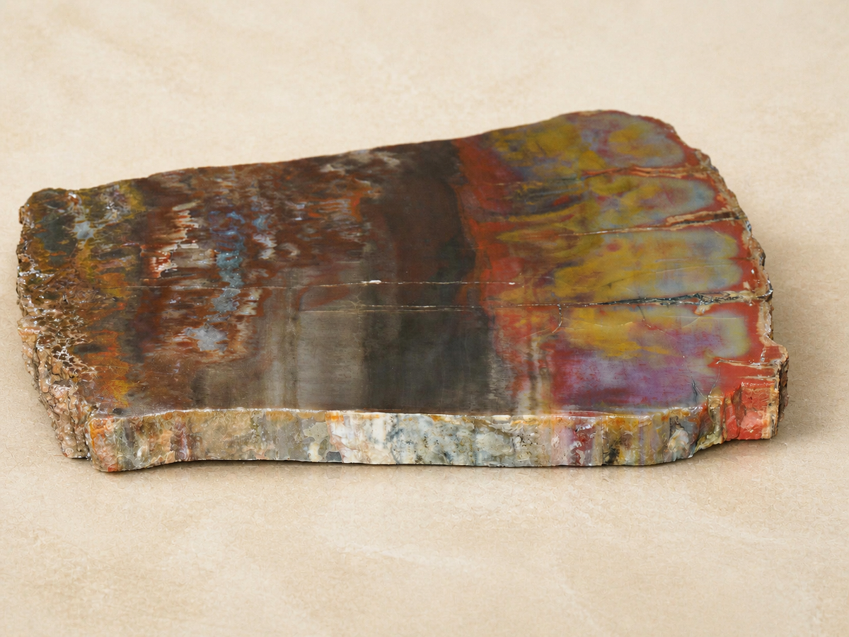 Side profile showing the polished face and natural raw edge of the Arizona petrified wood slab