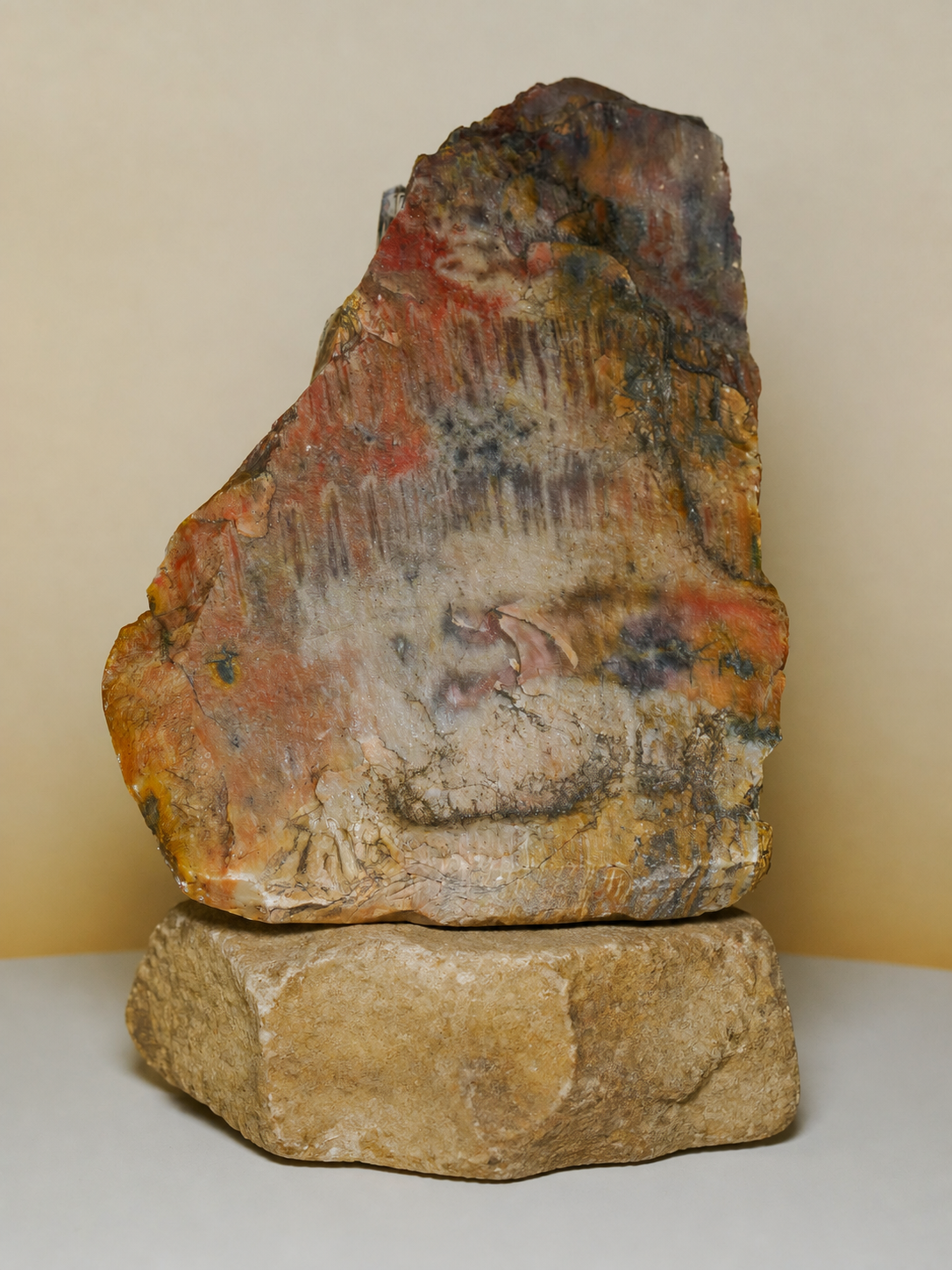 Arizona rainbow petrified wood slab resting on a natural stone base, front display view
