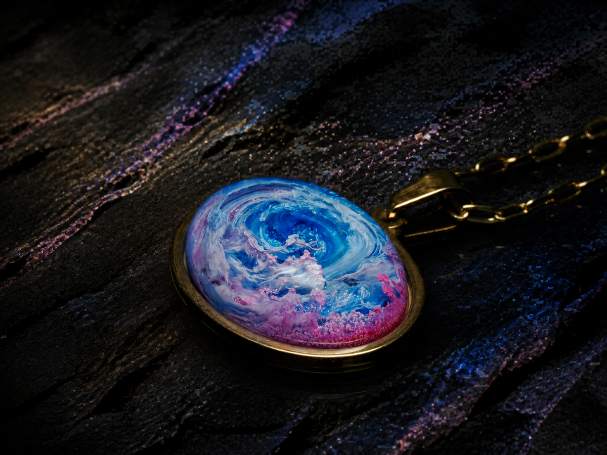 Angled view of the Astral Tide resin dome pendant