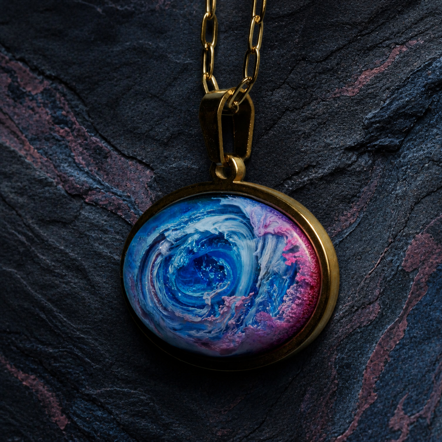 Astral Tide oval pendant with blue, lilac and pink resin dome