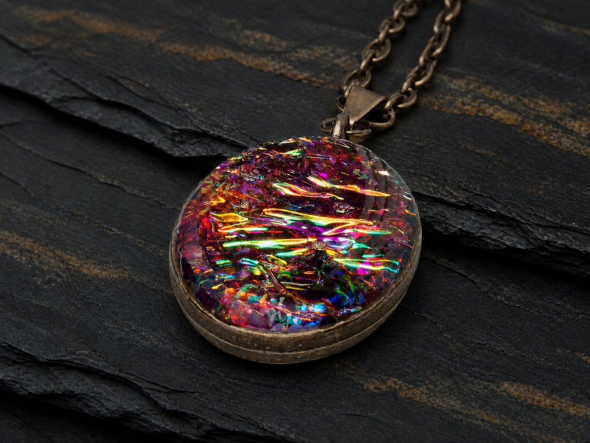 Close-up of the Aurora Fire oval pendant with muted antique brass bezel and multicolour iridescent inlay
