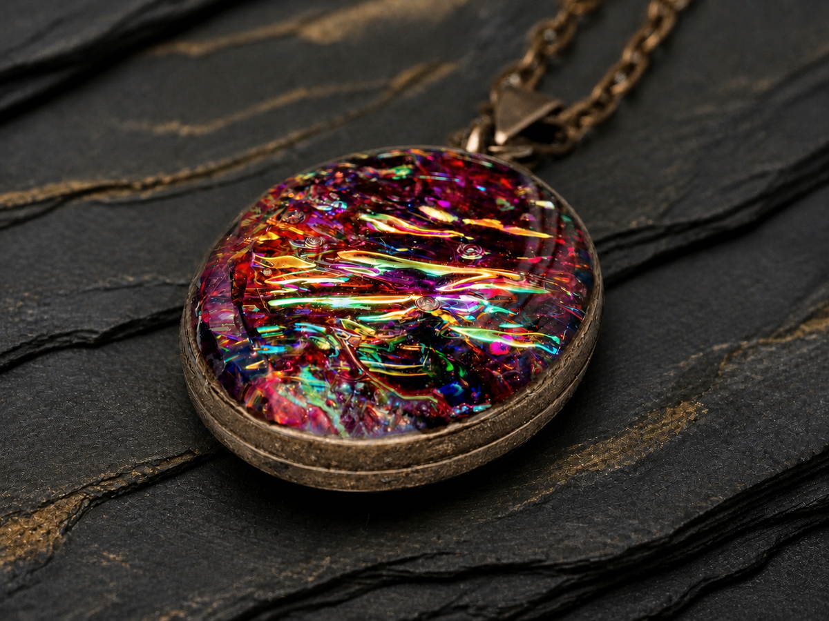 Macro detail of the Aurora Fire pendant showing its antique brass bezel and iridescent inlay