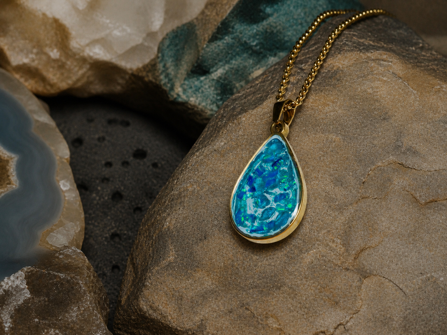 18K gold pendant with pale blue Bello opal and blue flash on an earthy mineral background, close-up view