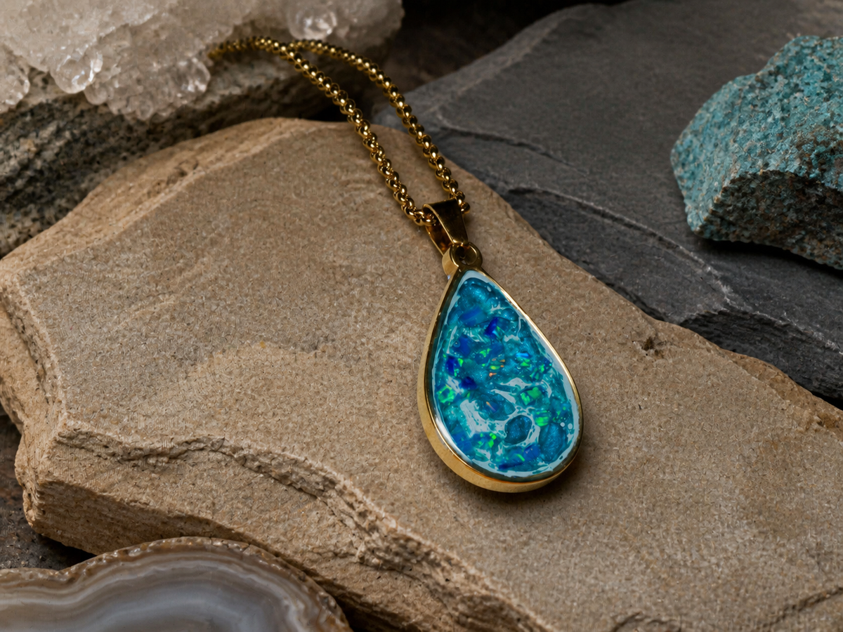 18K gold pendant with pale blue Bello opal and blue flash on layered stone and crystal textures
