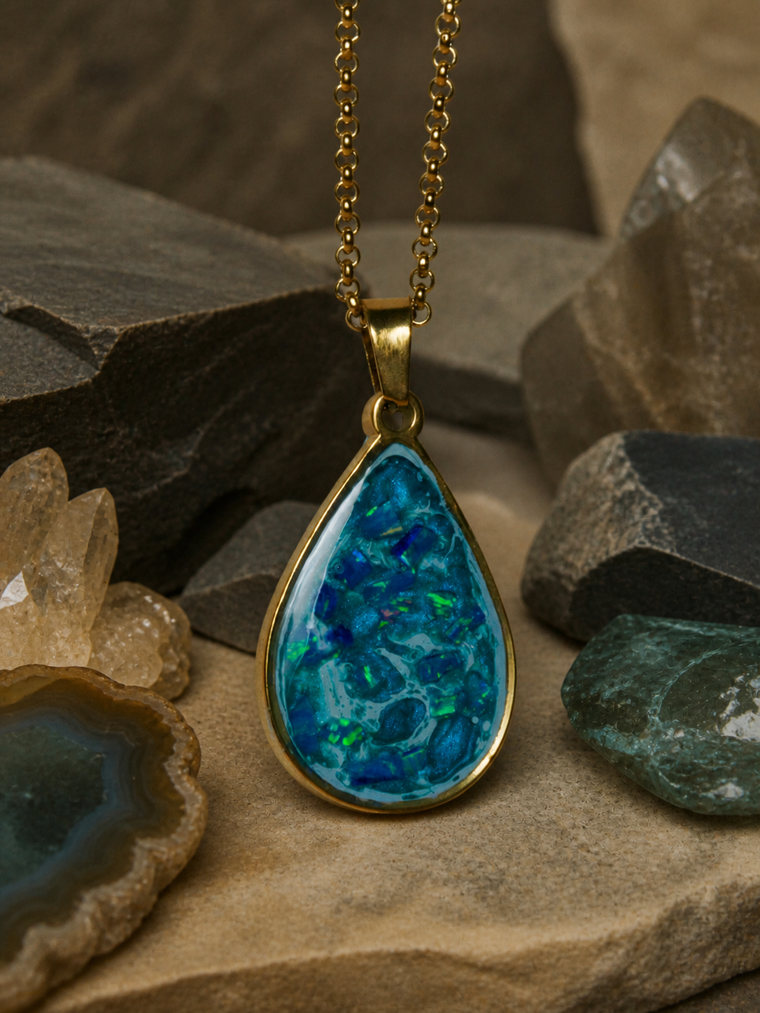 18K gold pendant with pale blue Bello opal and blue flash, front view with mineral backdrop