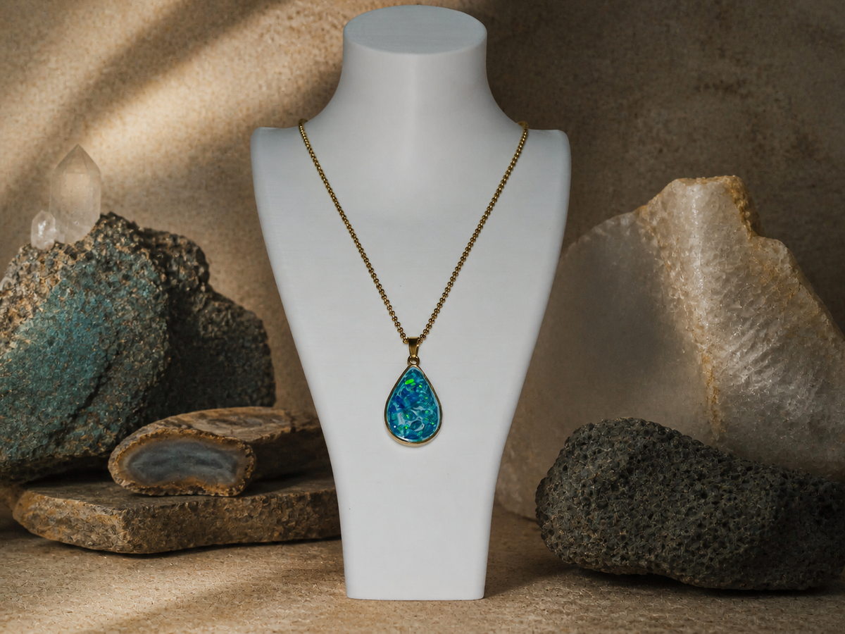 18K gold pendant and 55cm gold chain displayed on a necklace bust with earthy stones