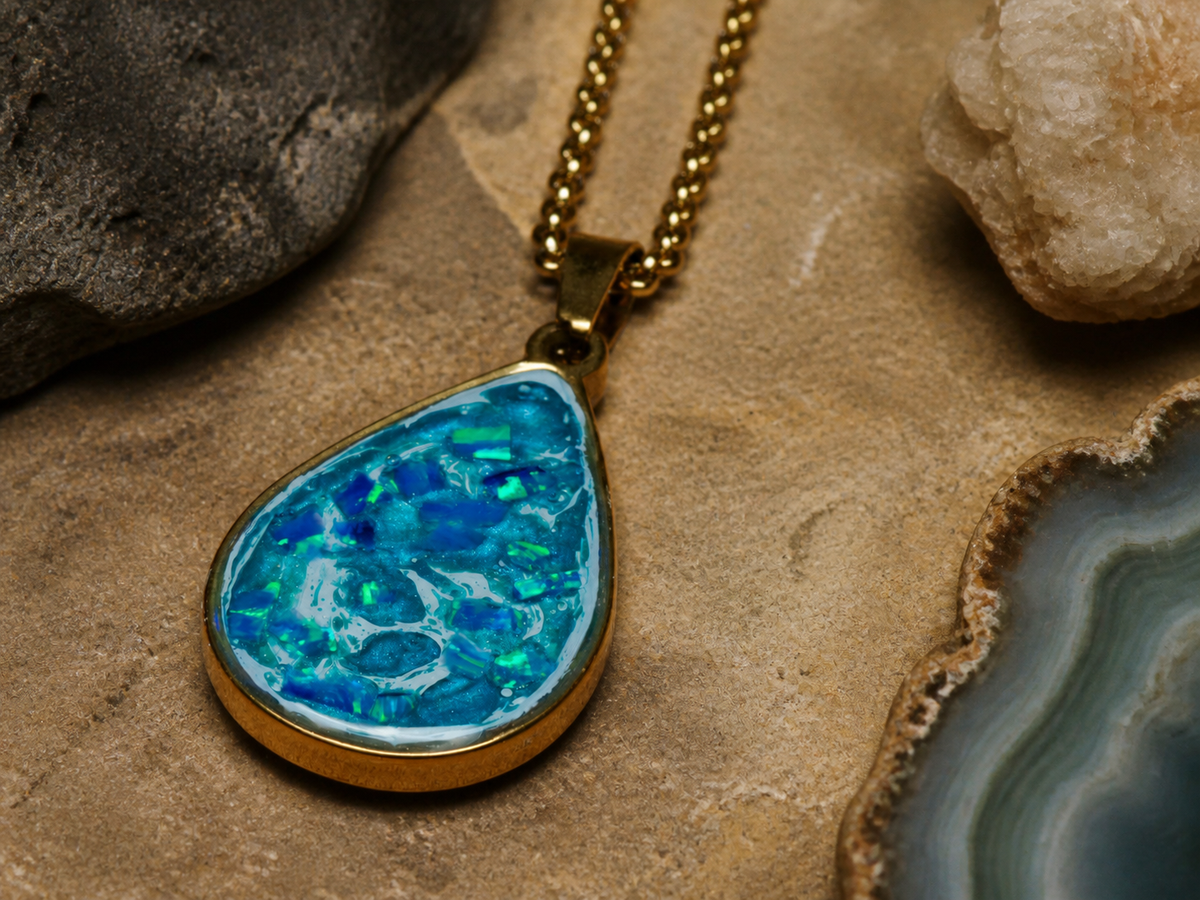 18K gold pendant with pale blue Bello opal and blue flash, macro view on sandstone and agate