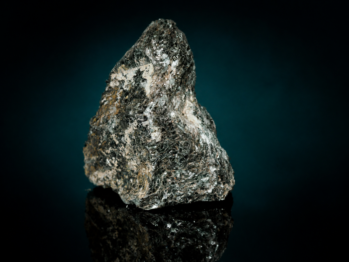 Dark fuchsite mica schist display specimen, rear three-quarter view