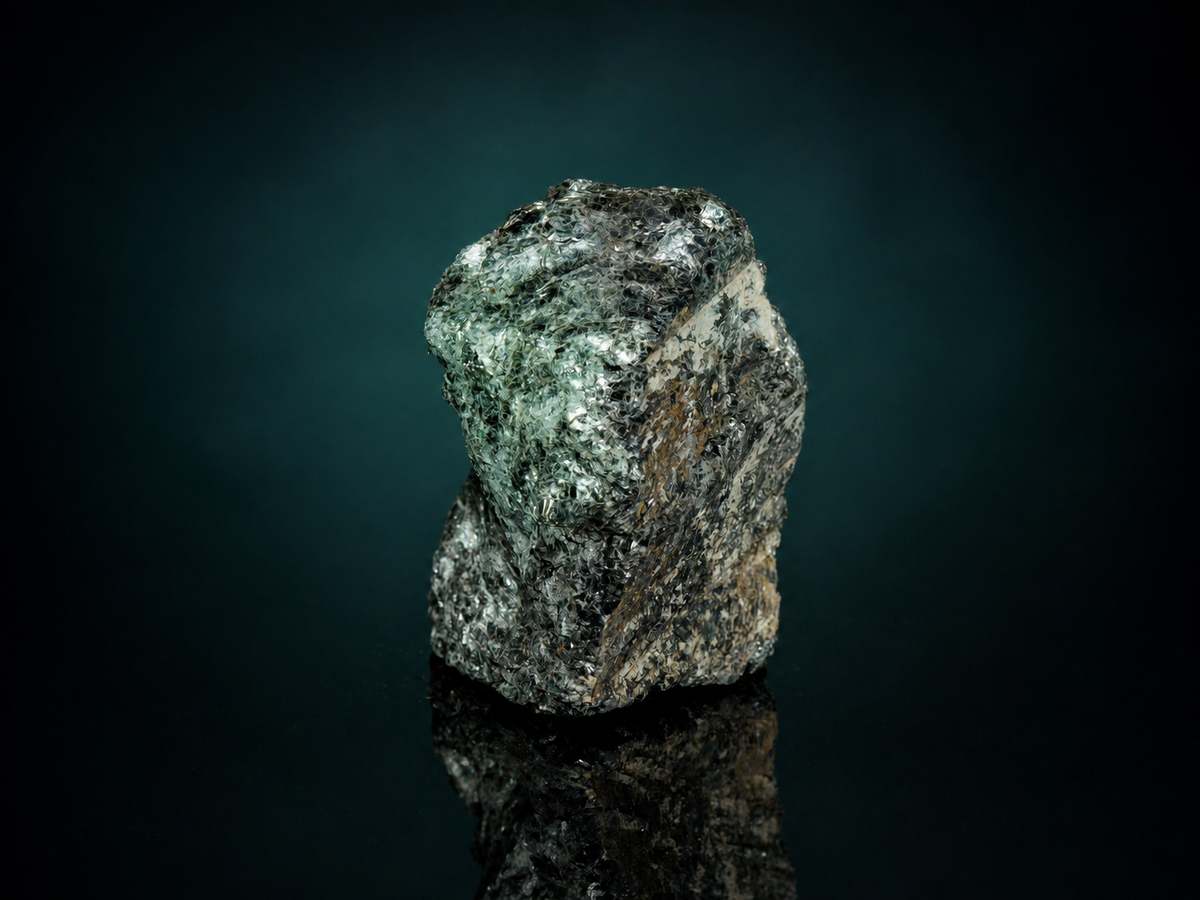 Dark fuchsite mica schist display specimen, three-quarter view