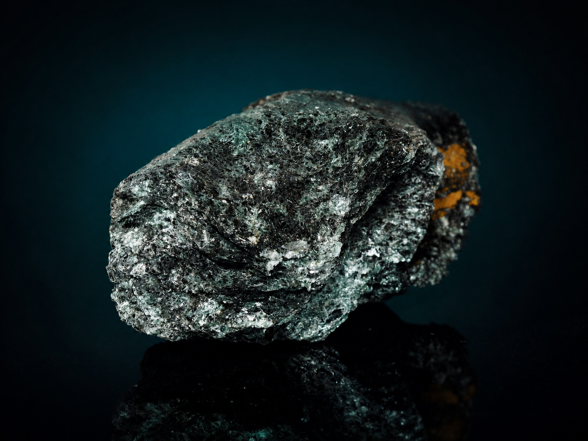 Dark fuchsite mica schist display specimen, angled view
