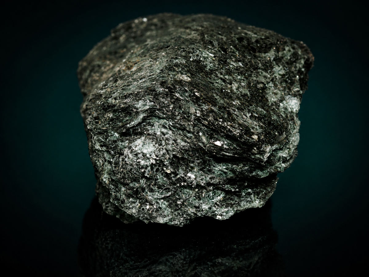Dark fuchsite mica schist display specimen, close foliation detail