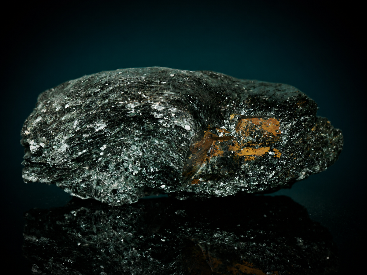 Dark fuchsite mica schist display specimen, front view with orange-brown mineral inclusions