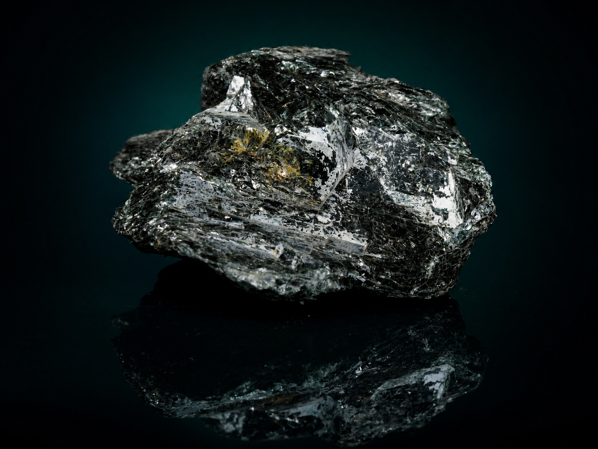 Dark fuchsite mica schist display specimen, low three-quarter view