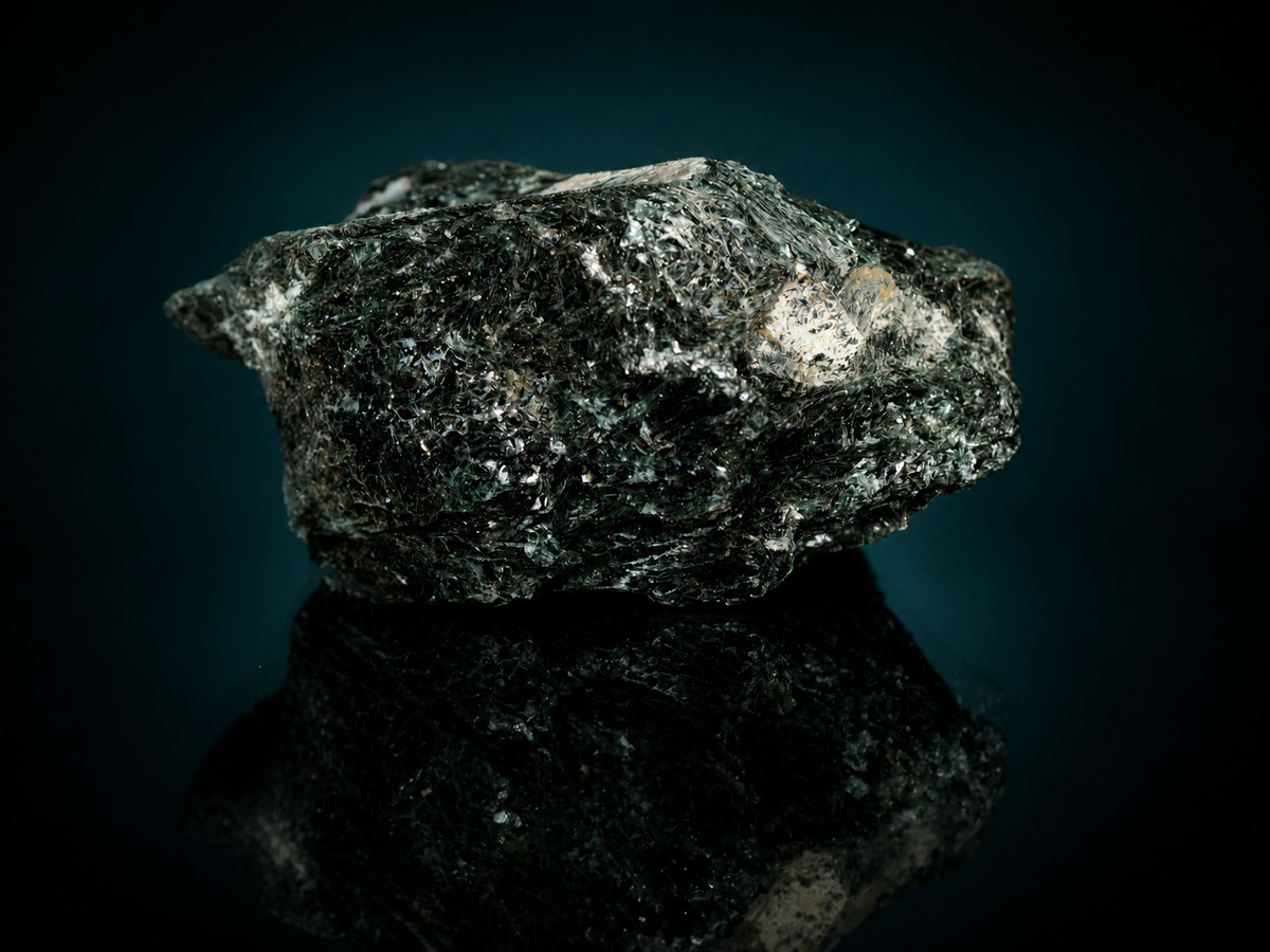 Dark fuchsite mica schist display specimen, low profile view