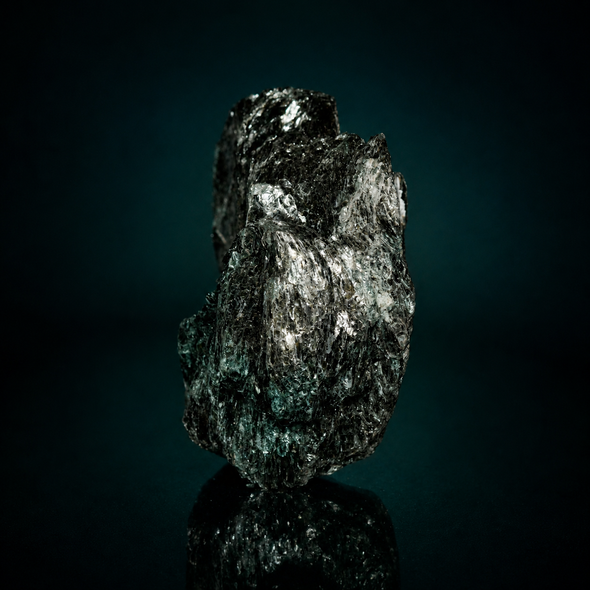 Dark fuchsite mica schist display specimen, rear three-quarter view