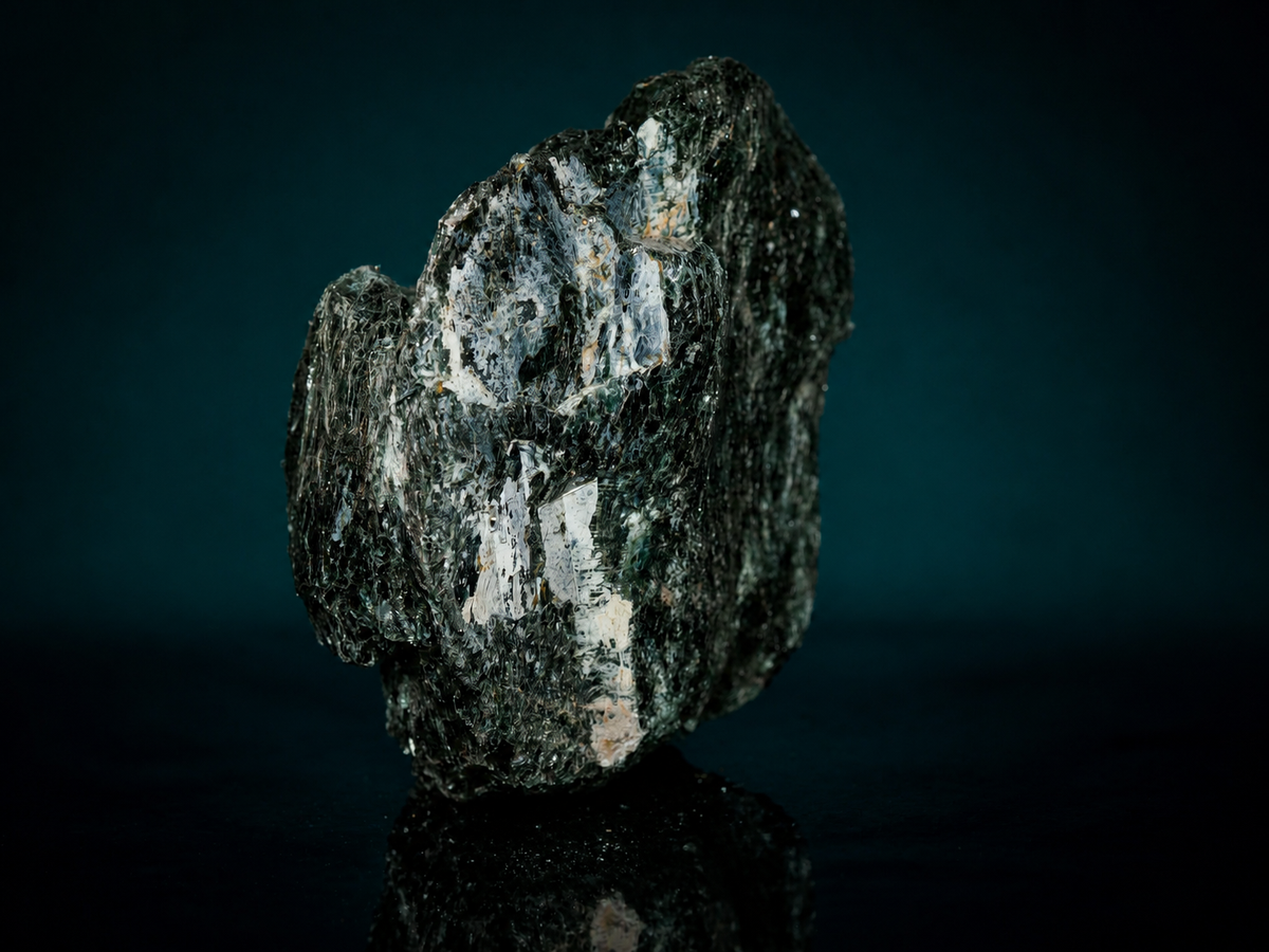 Dark fuchsite mica schist display specimen, upright side view