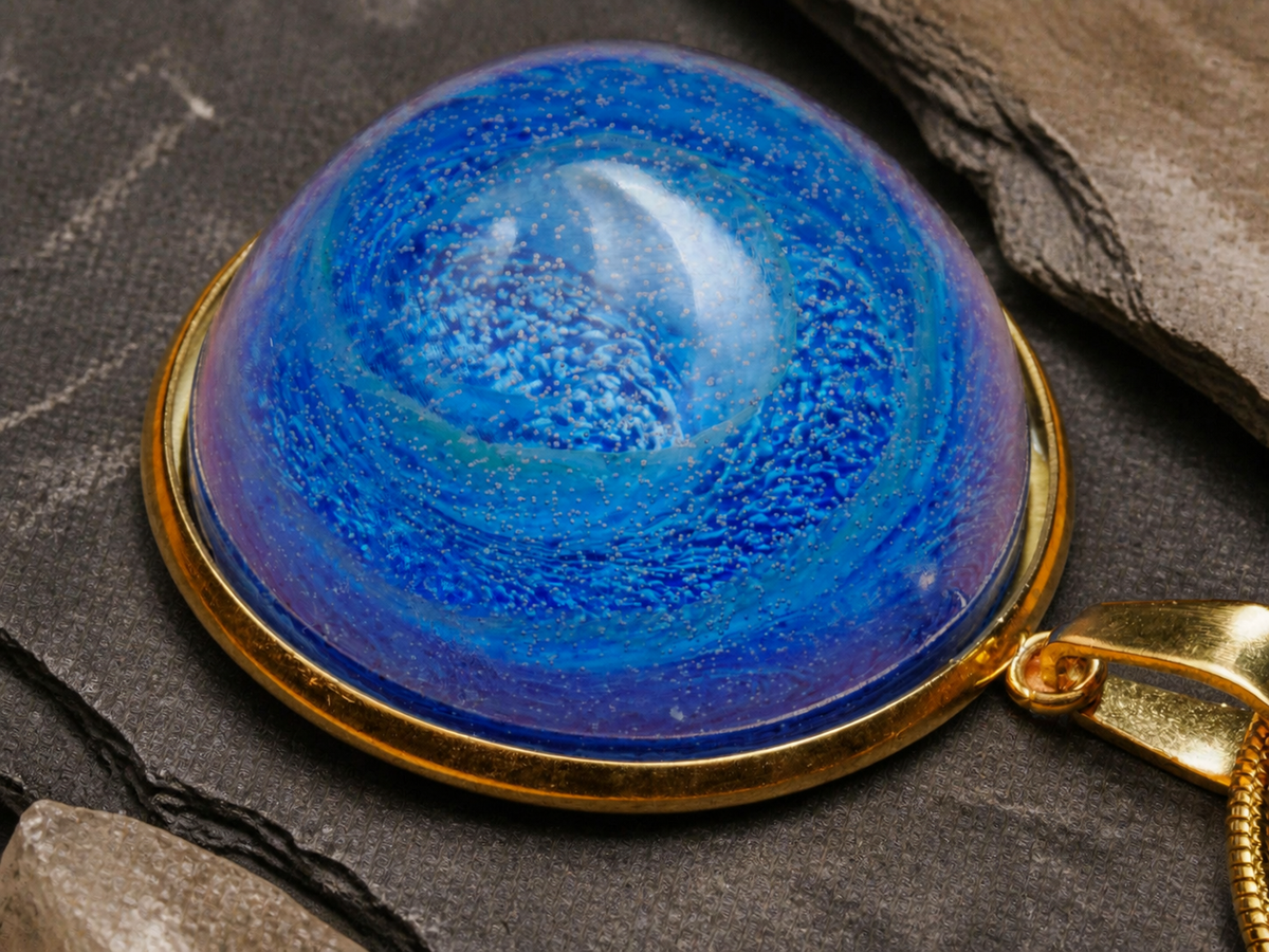 Blue alcohol-ink resin round pendant and 18K gold plated chain on dark mineral stone