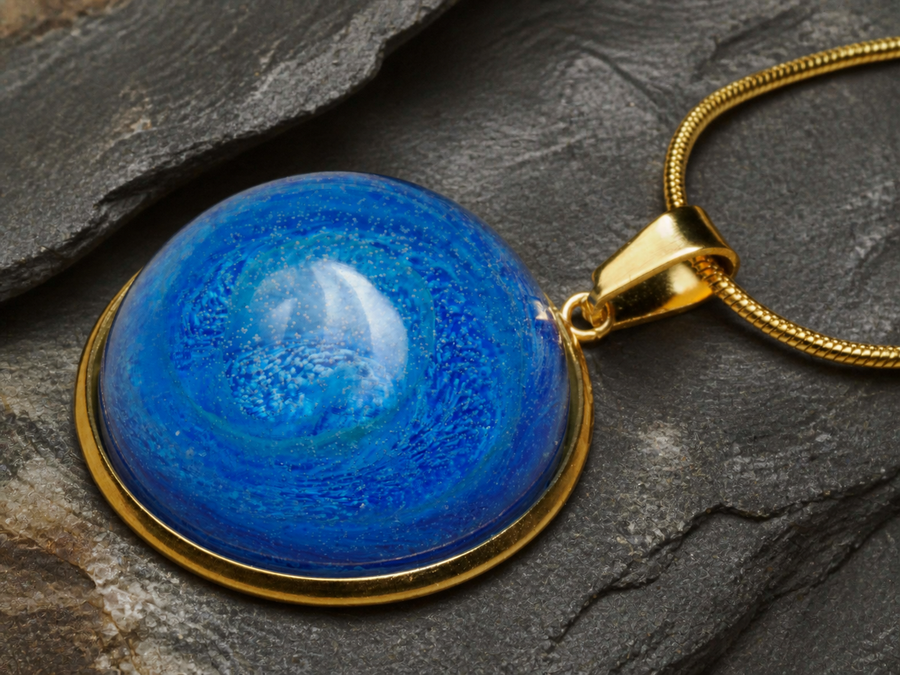 Close-up blue round resin pendant with gold-plated bail and chain on geological texture