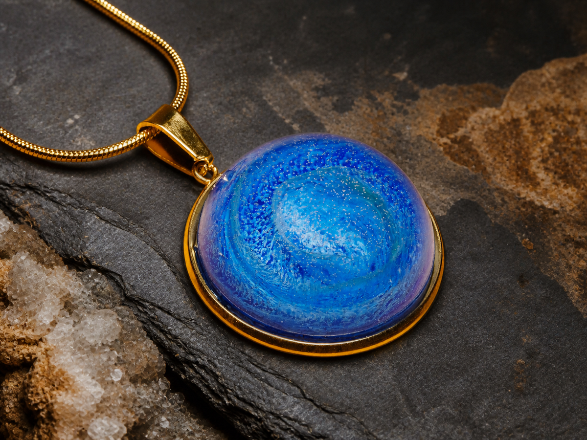 Blue round pendant with luminous alcohol-ink swirl on earthy basalt texture