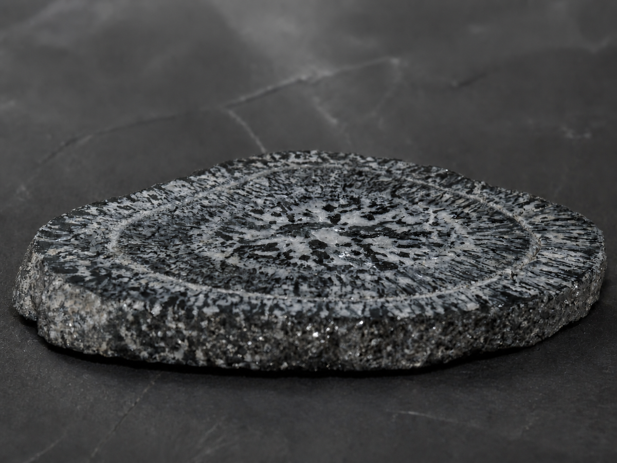 Boogardie orbicular granite specimen, front profile showing natural edge