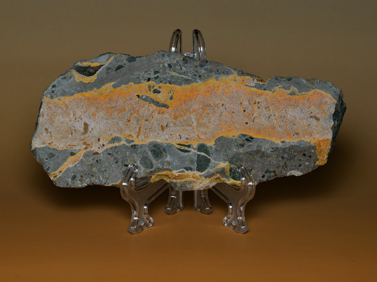 Full view of the 280 g bumblebee jasper rough slab showing orange and cream bands in a dark grey matrix