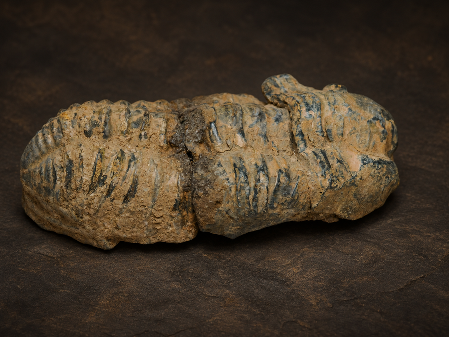 Moroccan Calymene trilobite fossil, front view on a dark mineral background.