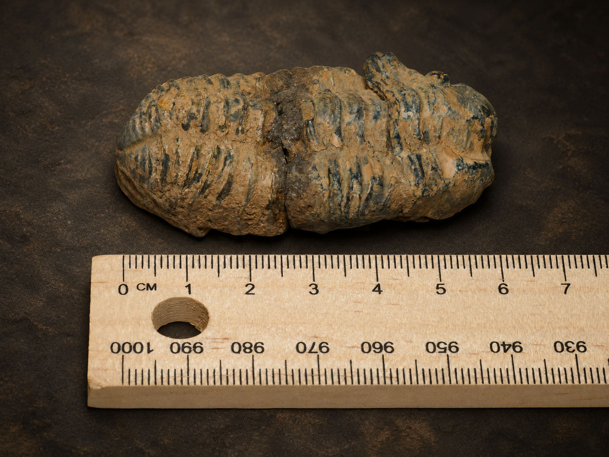 Moroccan Calymene trilobite fossil photographed beside a wooden centimetre ruler for scale.