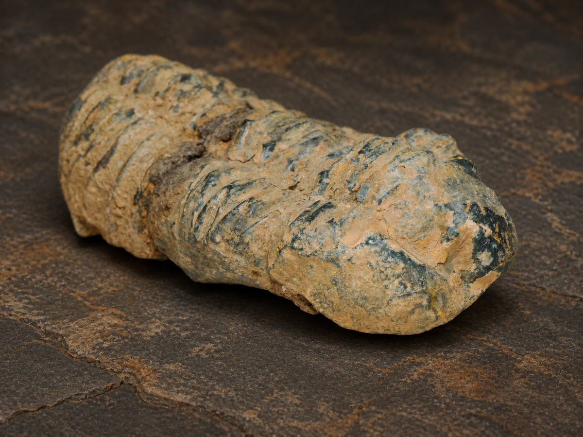Moroccan Calymene trilobite fossil, three-quarter view showing its segmented form.