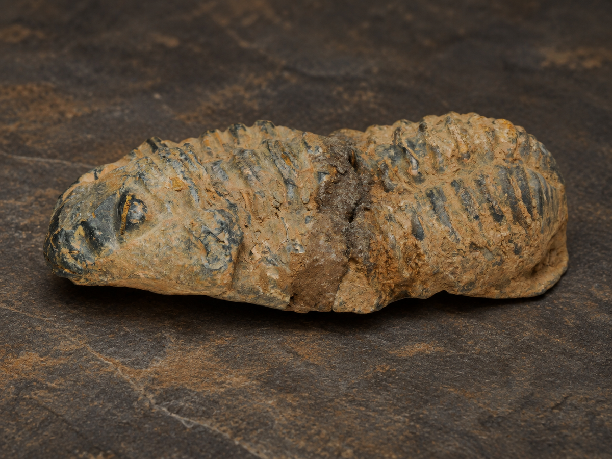 Moroccan Calymene trilobite fossil, side view showing natural matrix and visible fractures.