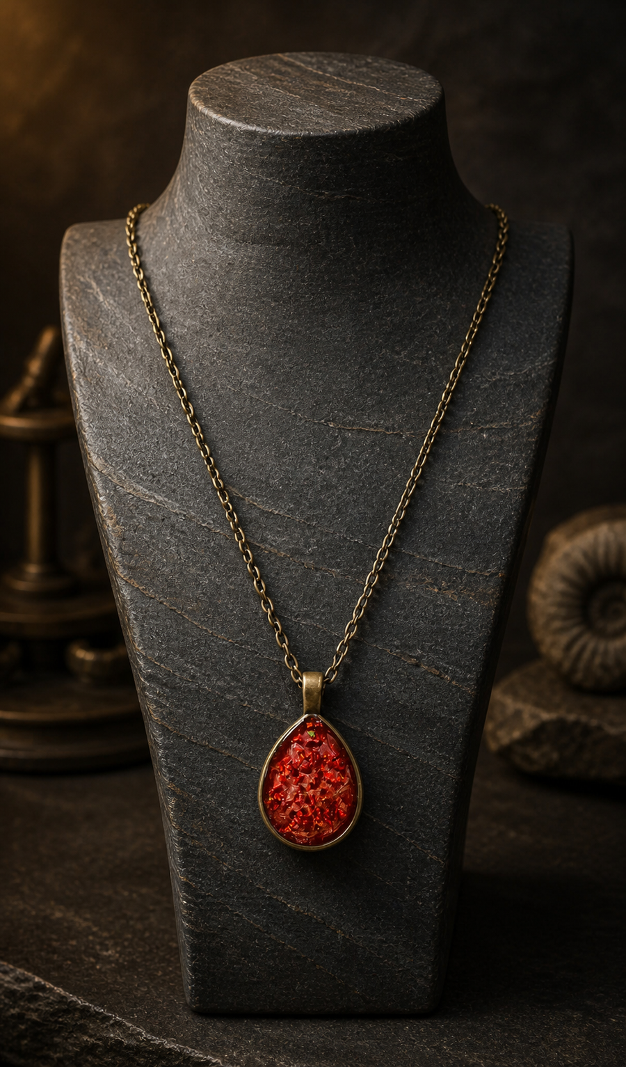 Cinderstrata red opal-style teardrop pendant necklace on a dark stratified stone display