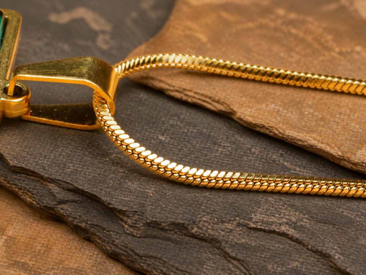 Gold-plated stainless steel chain and bail on layered sandstone and slate