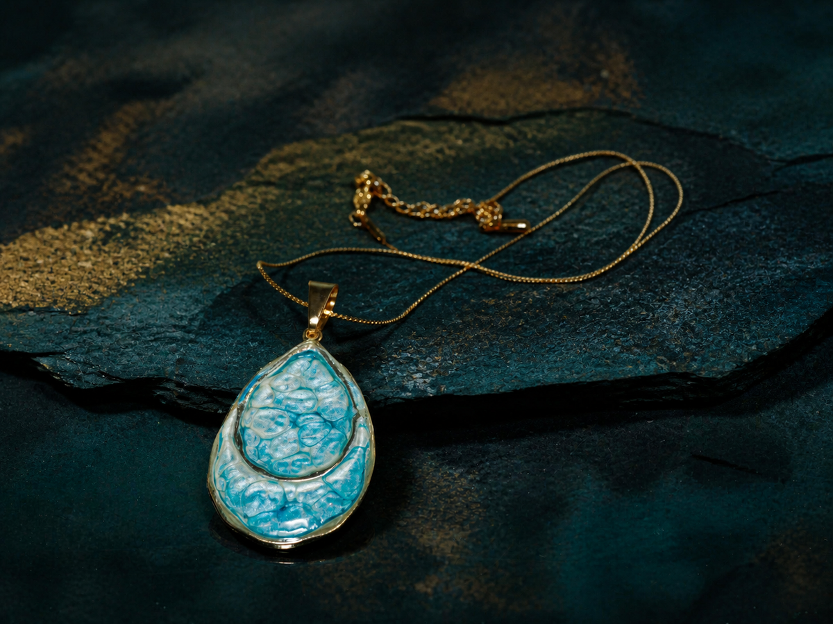 Hand-painted blue double teardrop pendant with gold-plated chain
