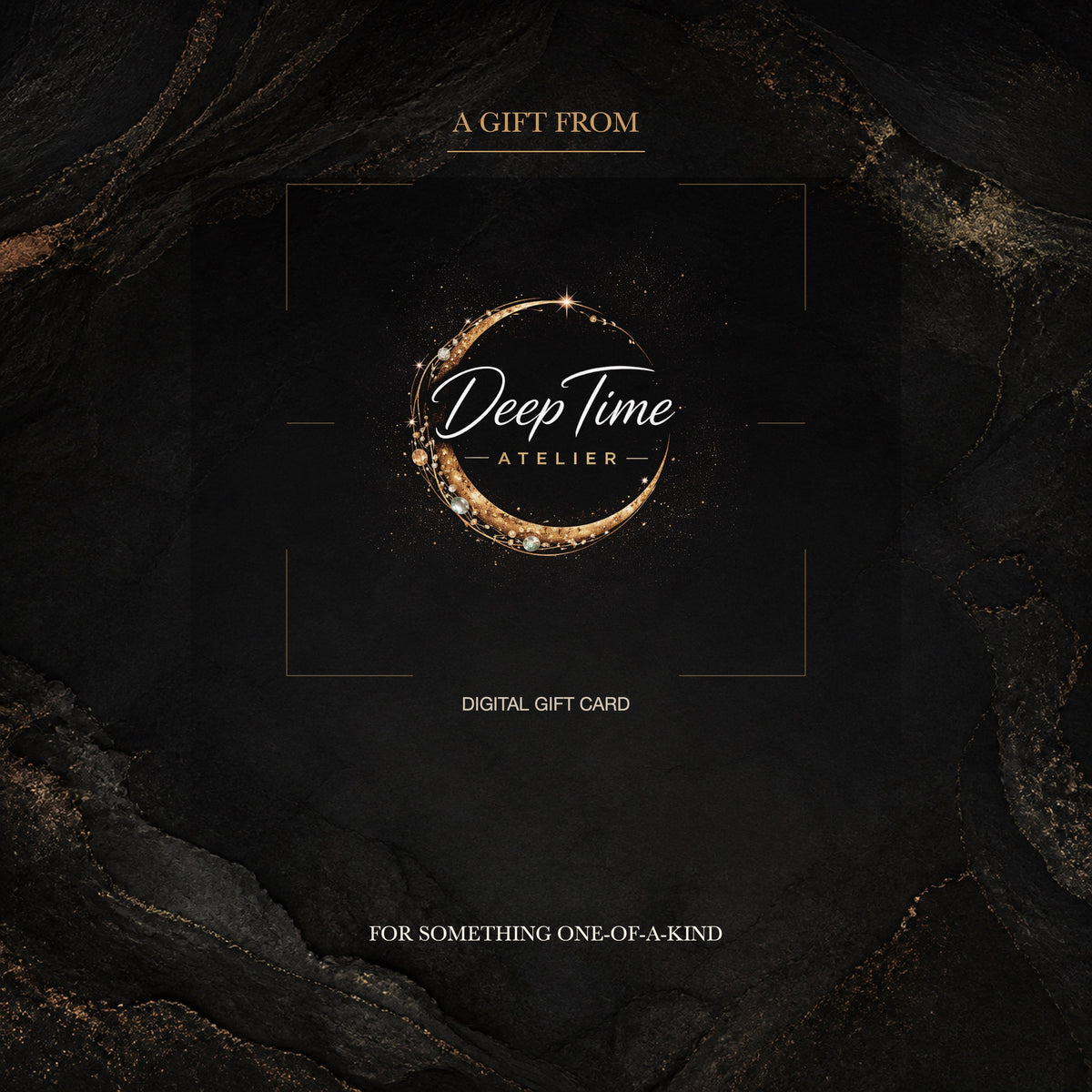 Deep Time Atelier digital gift card with subtle antique-gold linework