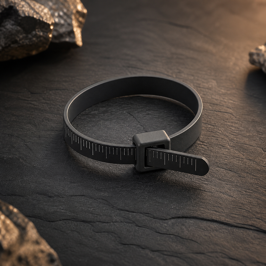 Reusable wrap-around belt-style ring sizer on a dark geological backdrop
