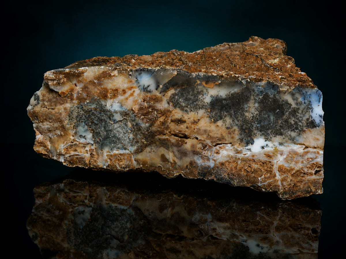 Large dendritic opalite display specimen in matrix, long side view