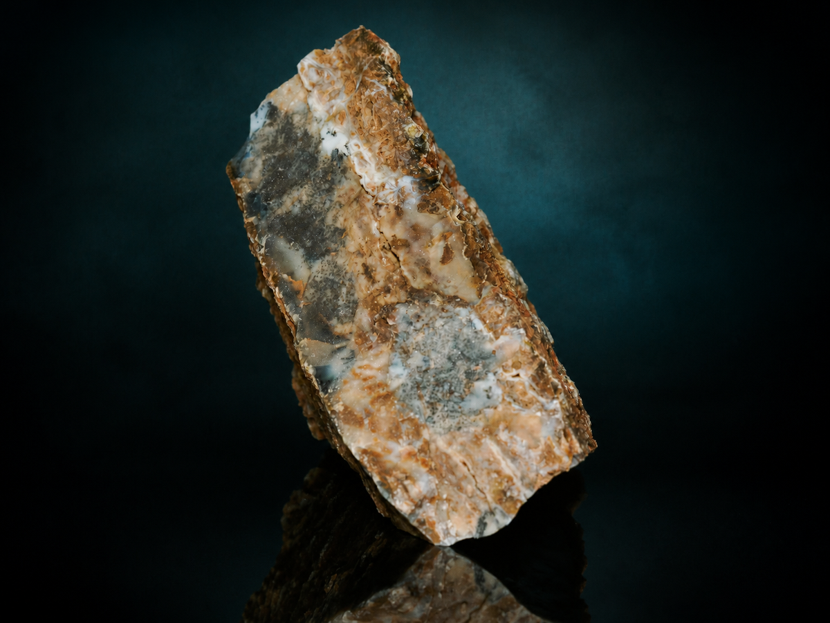 Large dendritic opalite display specimen in matrix, upright side view