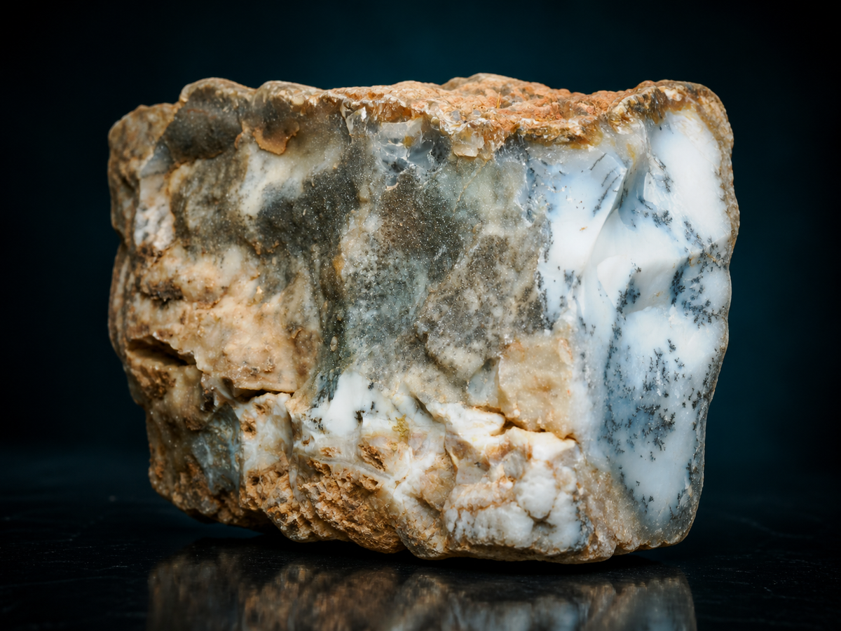 Dendritic opalite display specimen, inclusion detail view