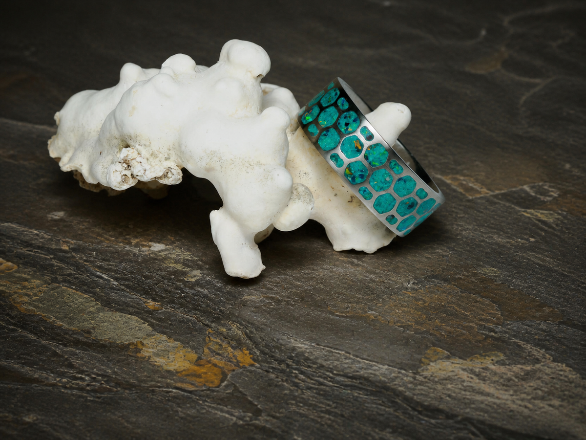 Dragon Scale Archive Ring in titanium with Dragon Scale Bello Opal inlay, size 9, view 3