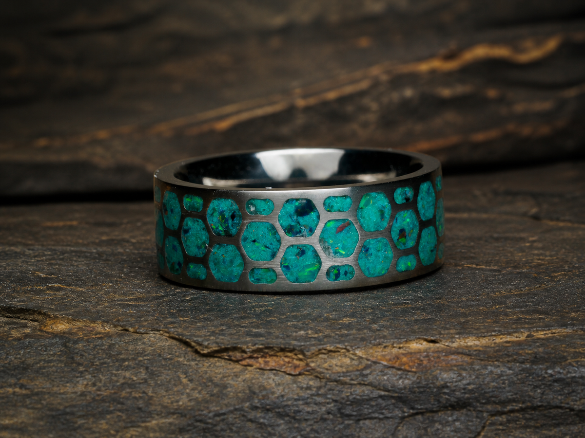 Dragon Scale Archive Ring in titanium with Dragon Scale Bello Opal inlay, size 9, view 4