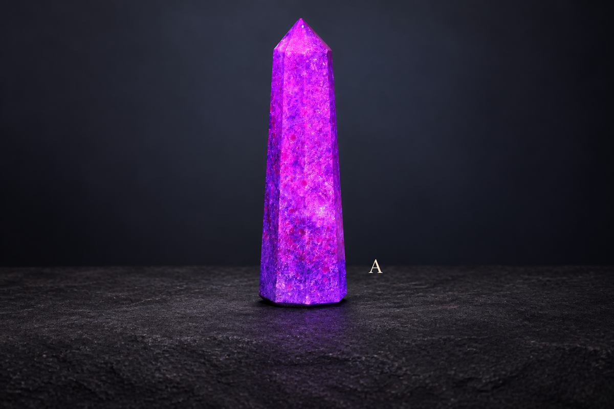 A UV-lit ruby in kyanite obelisk labelled A against a deep slate gallery background