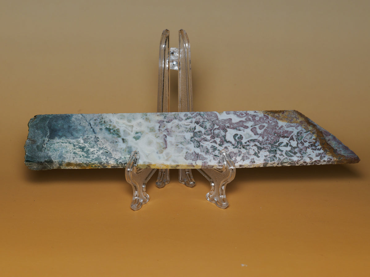 Multicolour jasper slab from East Java, Indonesia, showing white, mauve, green and blue-grey patterns