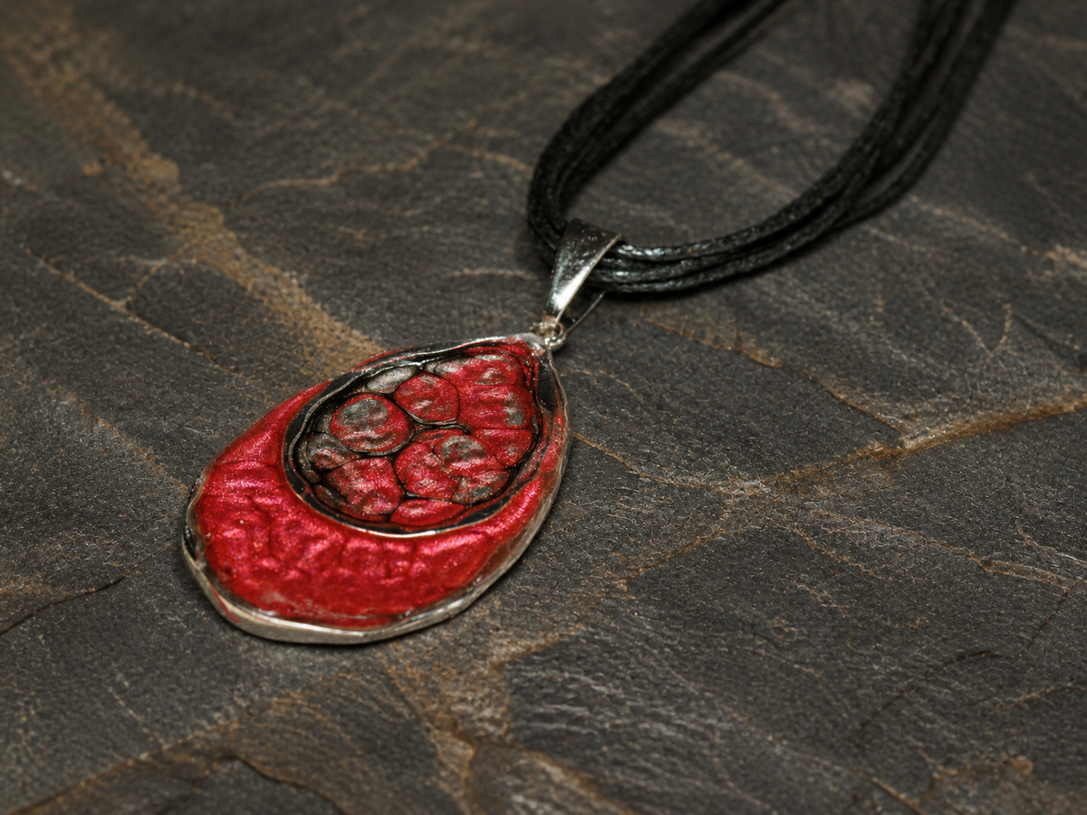 Ember Tide red enamel and resin double-teardrop pendant with black necklace on dark slate
