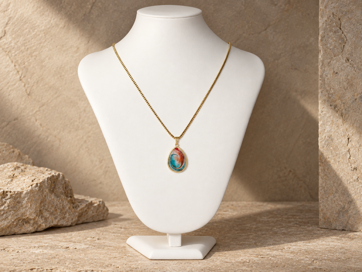 Ember Tide teardrop pendant necklace shown on a display bust