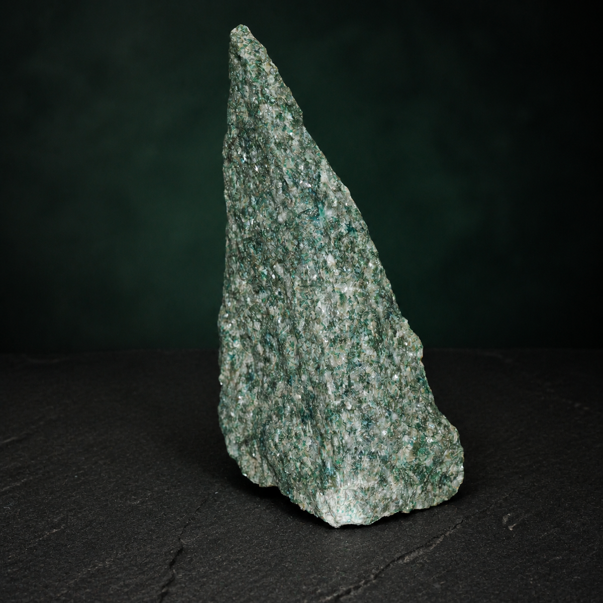 Detailed front view of a green fuchsite quartzite specimen